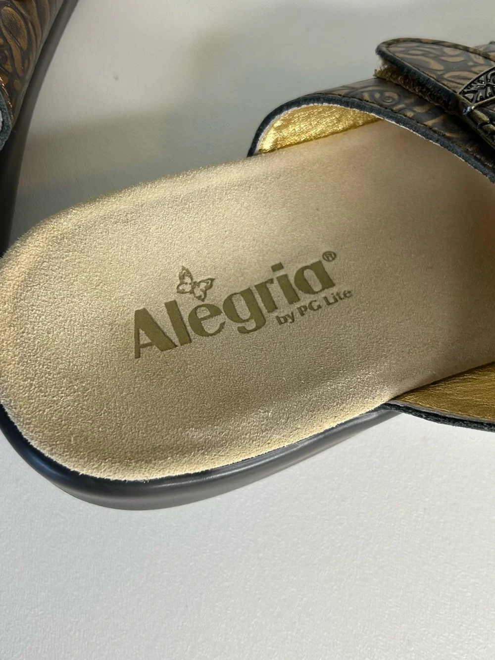 ALEGRIA PG Lite Women Sz 42 Jade Brown Embossed Leather Adjustable Slide Sandals